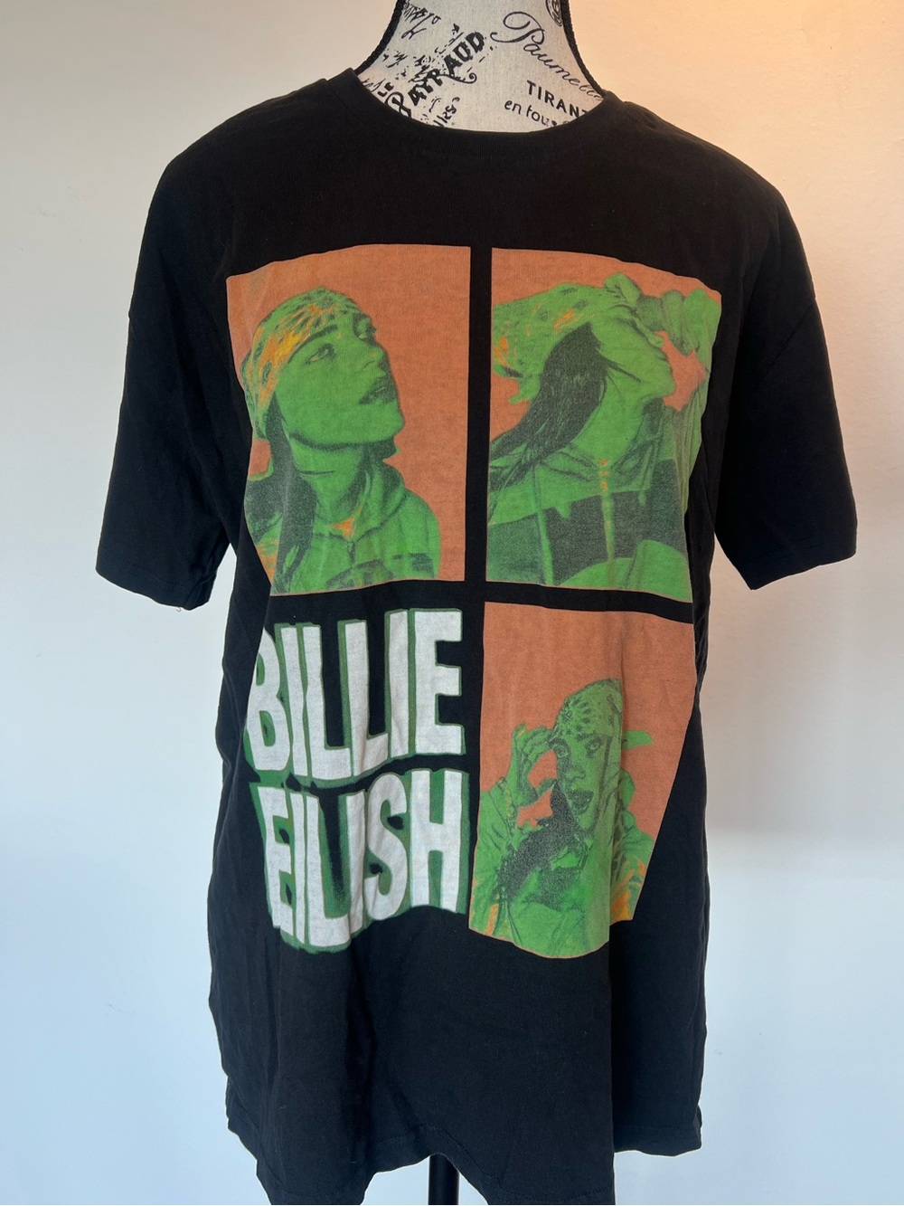 Billie Eilish Graphic Tee | SZ L | stacked green and orange portraits | Like New